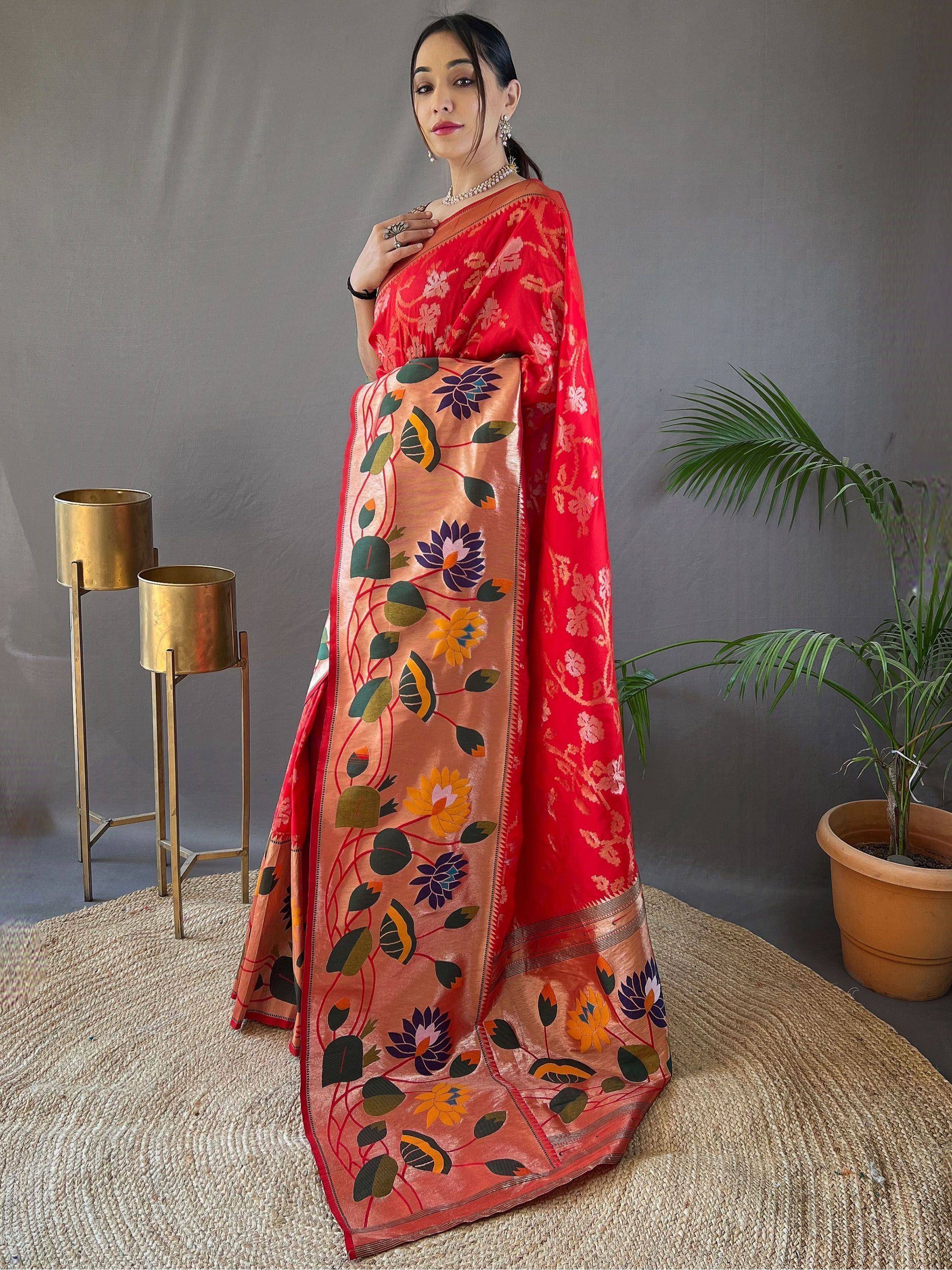 Red and peach floral saree with intricate embroidery, perfect for Indian ethnic wear