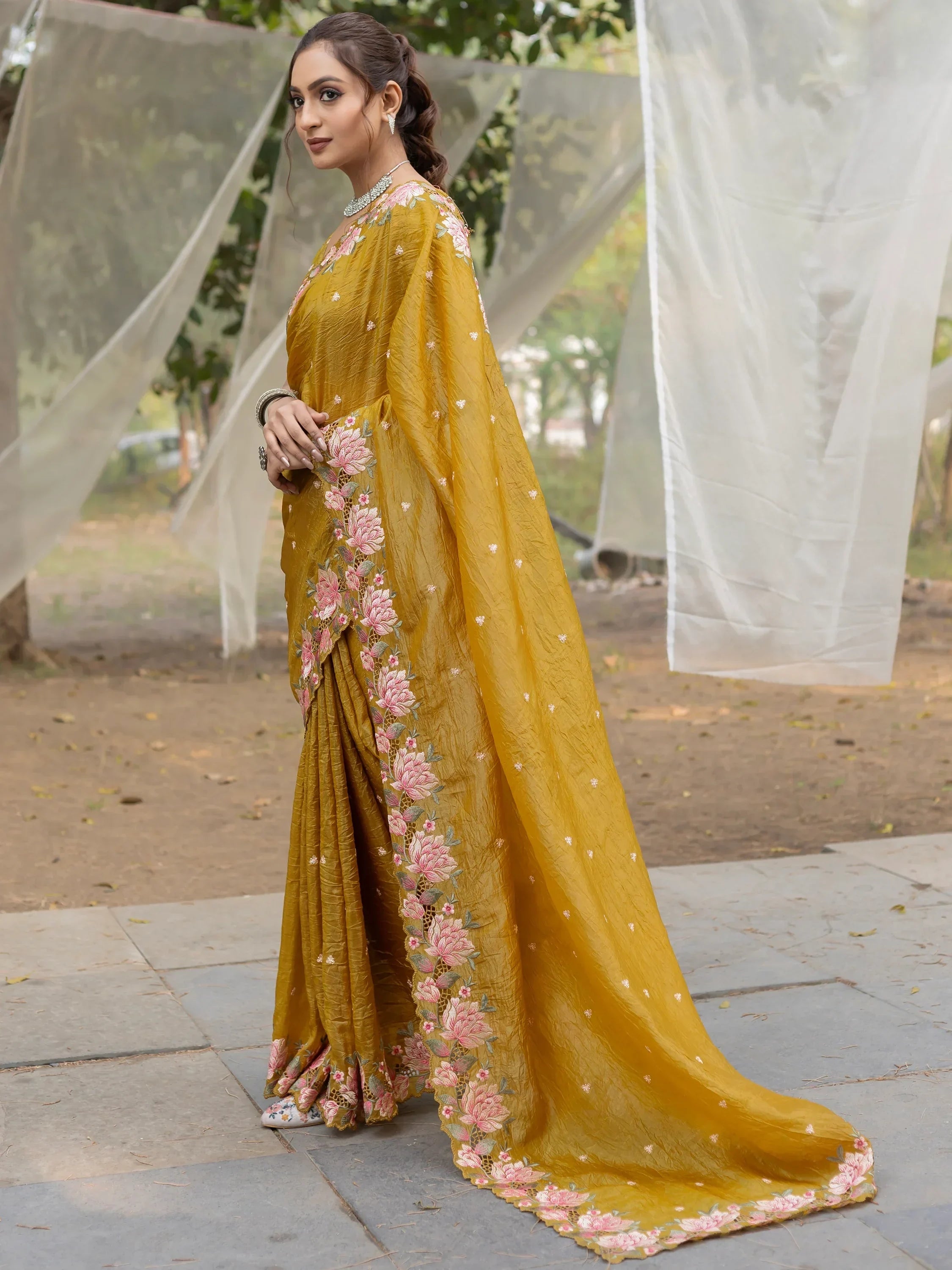 Outstanding Mustard Yellow Embroidered Silk Haldi Wear Saree