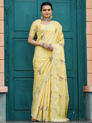 Endearing Yellow Embroidered Cotton Haldi Wear Saree With Blouse