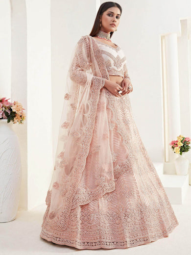 Regal Peach Net Stone Work Wedding Wear Lehenga Choli With Dupatta