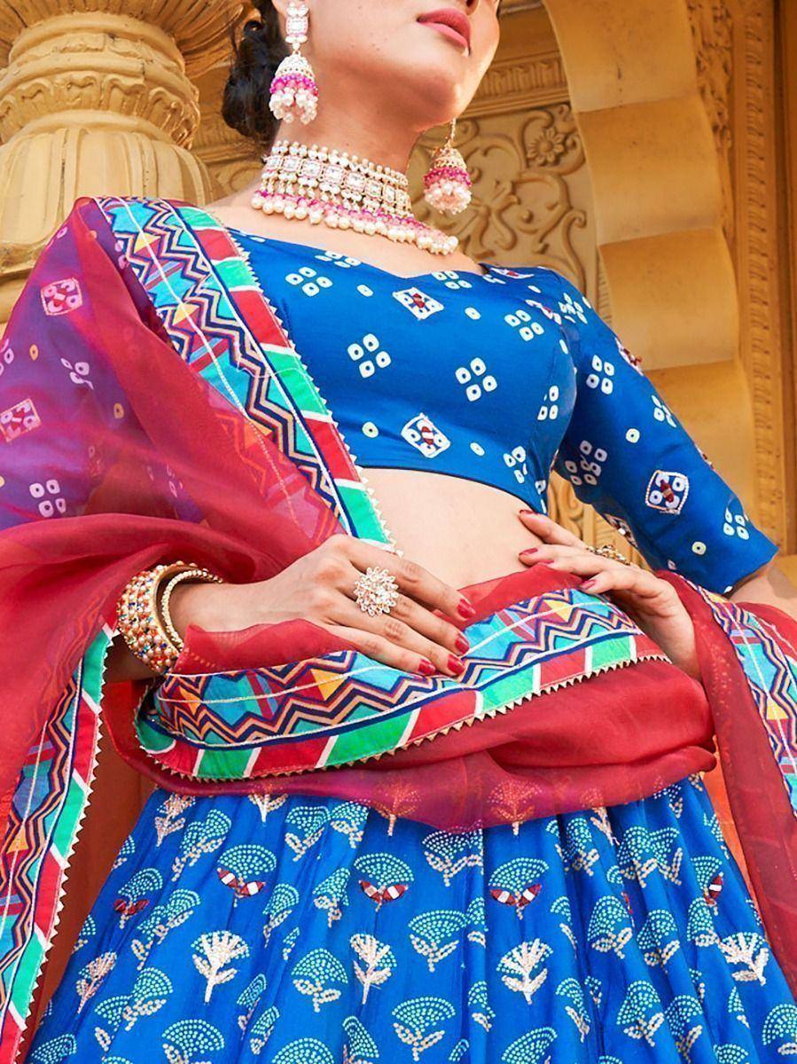 Blue printed lehenga choli with red dupatta, ethnic Indian wear for women