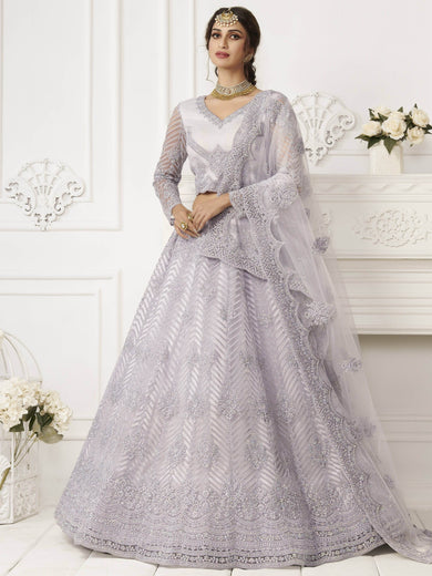 Lavender Heavy Thread Coding Work Net Bridal Lehenga Choli