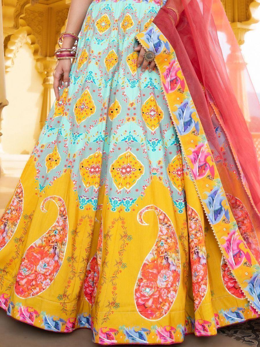 Colorful printed lehenga choli with floral and paisley patterns, perfect for Indian ethnic wear occasions