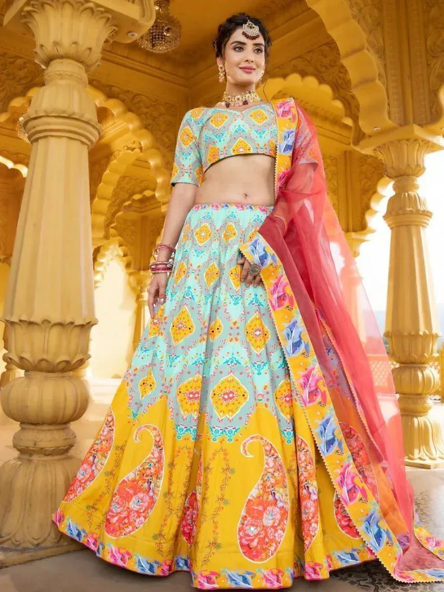 Colorful printed lehenga choli with floral and paisley design, perfect for Indian ethnic wear occasions