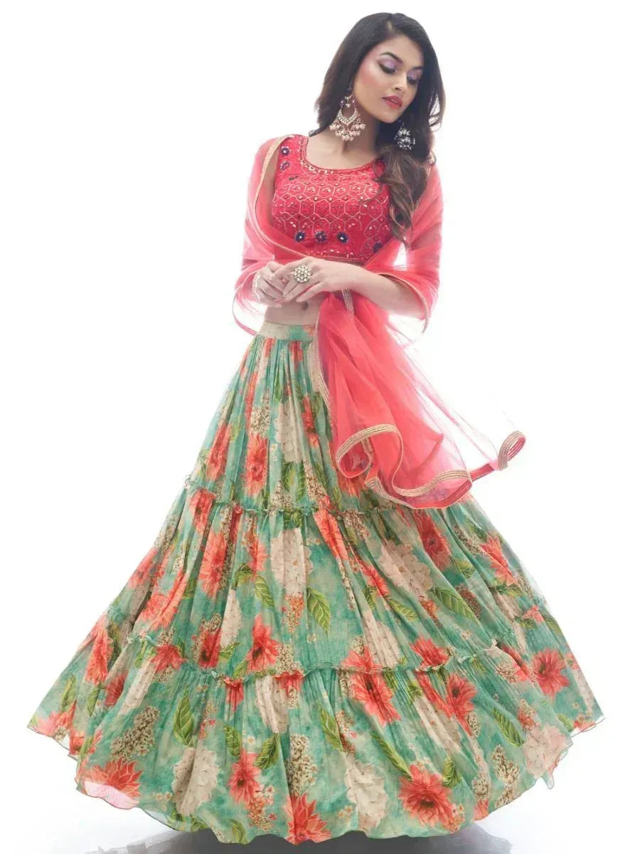 Floral print lehenga choli with embroidered red blouse and dupatta, Indian ethnic wear