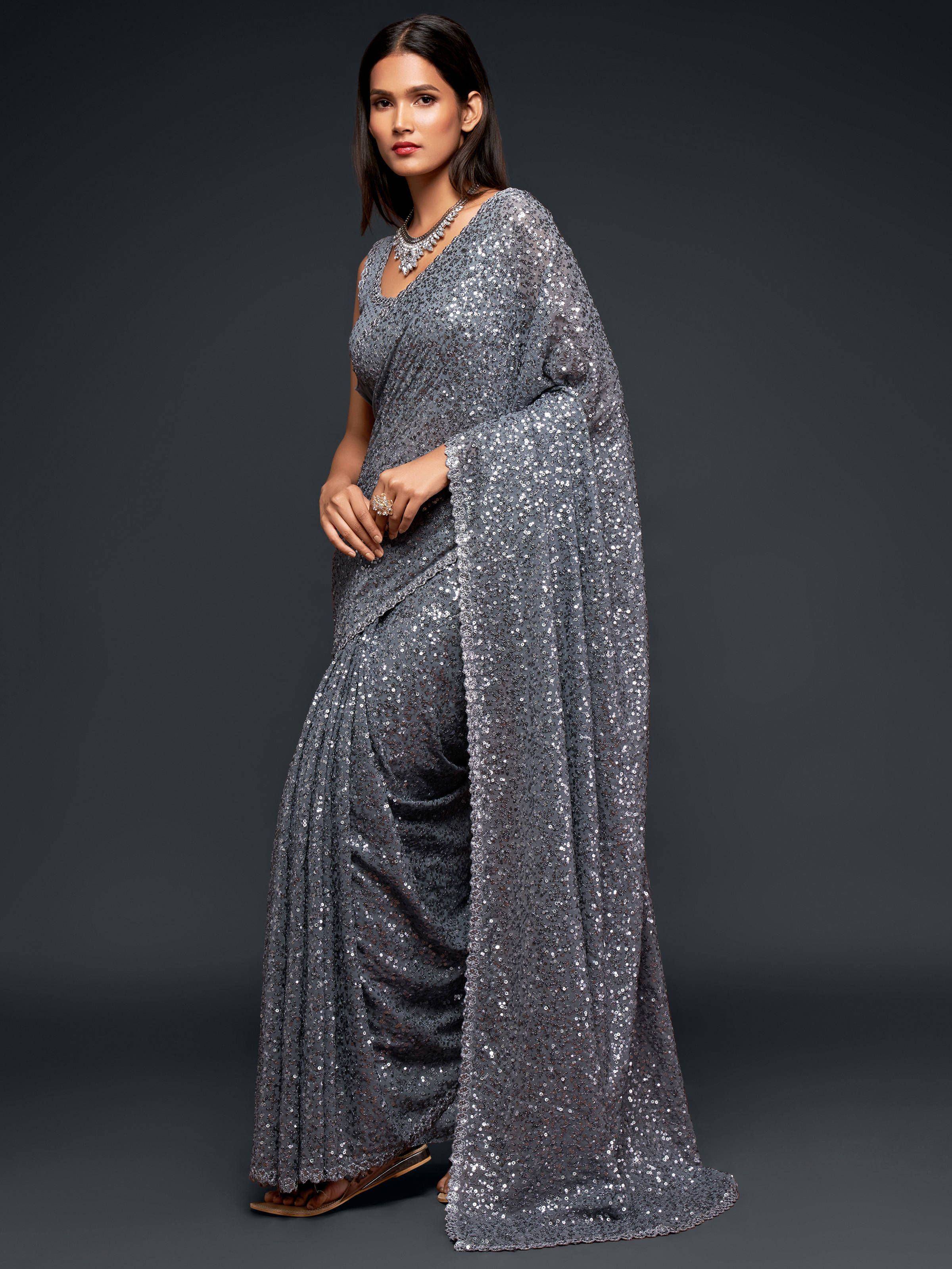 Grey sequin saree with cape sleeve, ethnic Indian wear for festive occasions