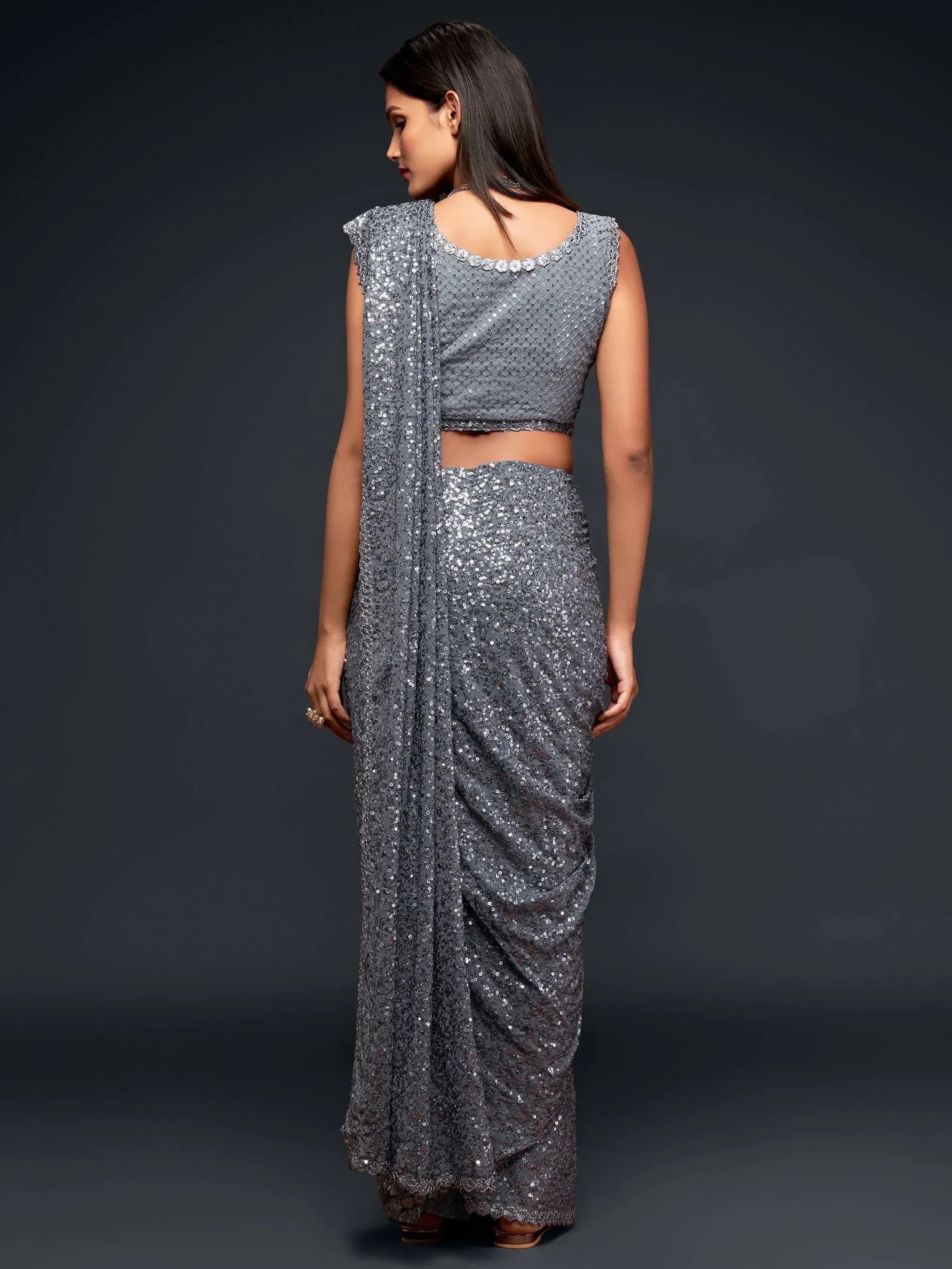 Grey sequin saree with matching blouse, elegant Indian ethnic wear for festive occasions