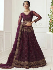Wine Heavy Thread Coding Work Net Bridal Lehenga Choli