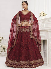 Maroon Heavy Thread Coding Work Net Bridal Lehenga Choli