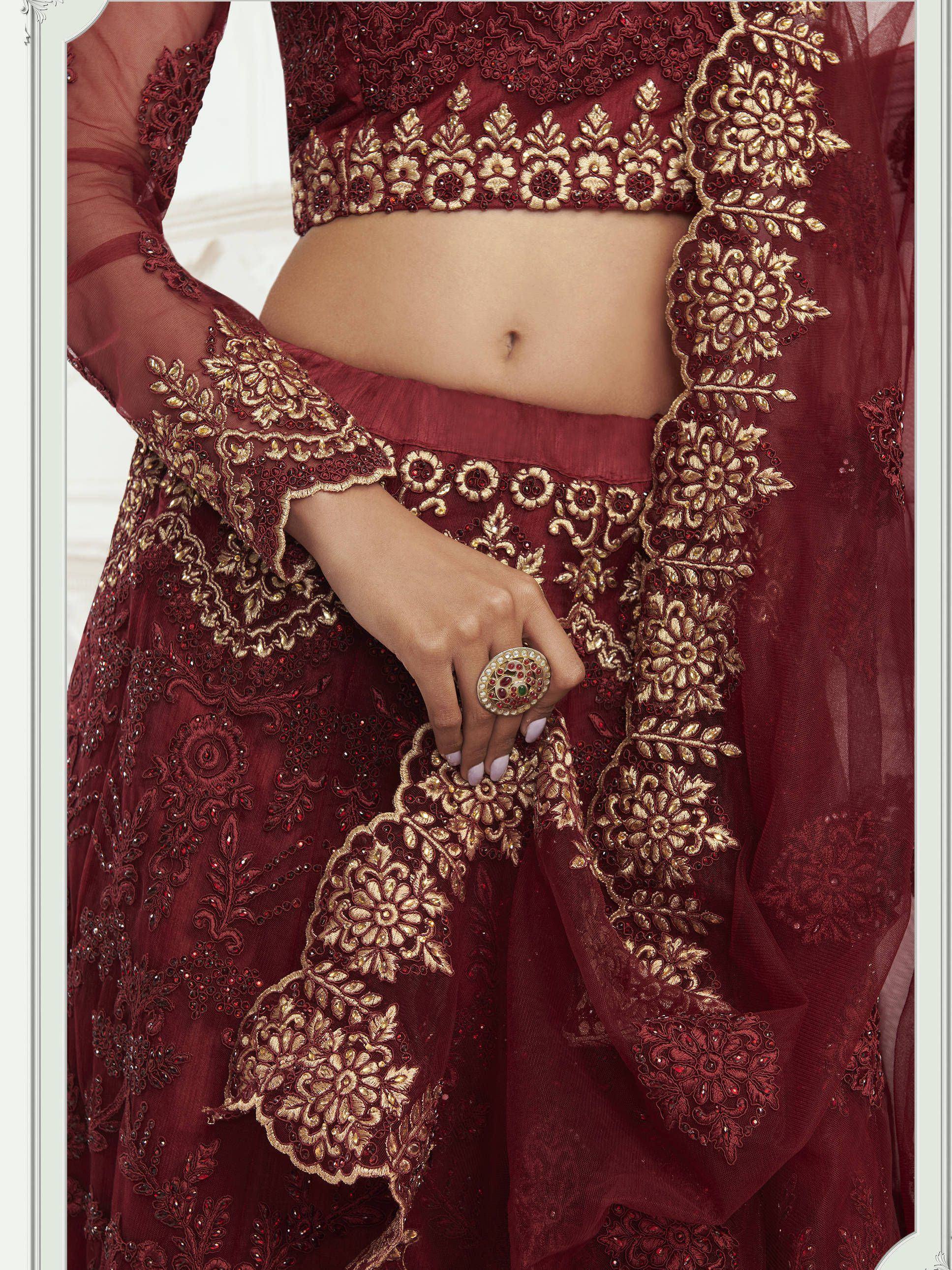 Maroon lehenga choli with gold embroidery and sheer sleeves, Indian ethnic wear