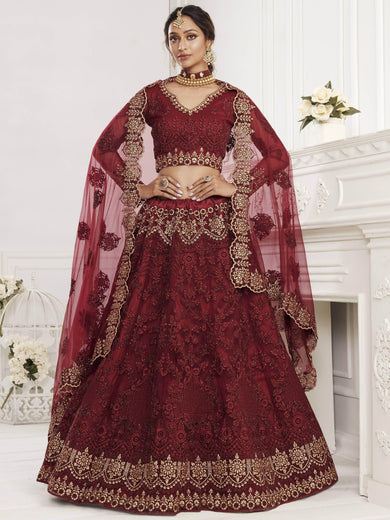 Maroon Heavy Thread Coding Work Net Bridal Lehenga Choli