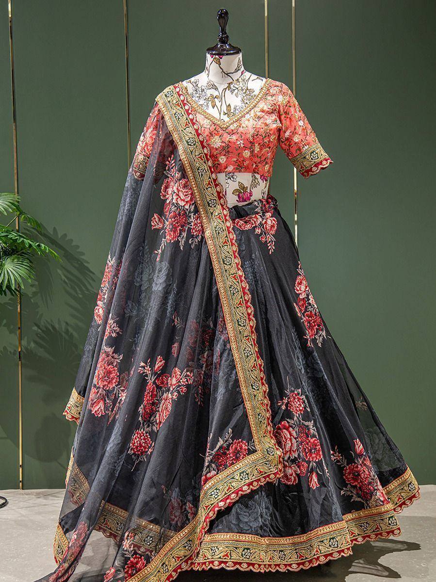 Black floral lehenga choli with gold border, Indian ethnic wear for weddings and parties