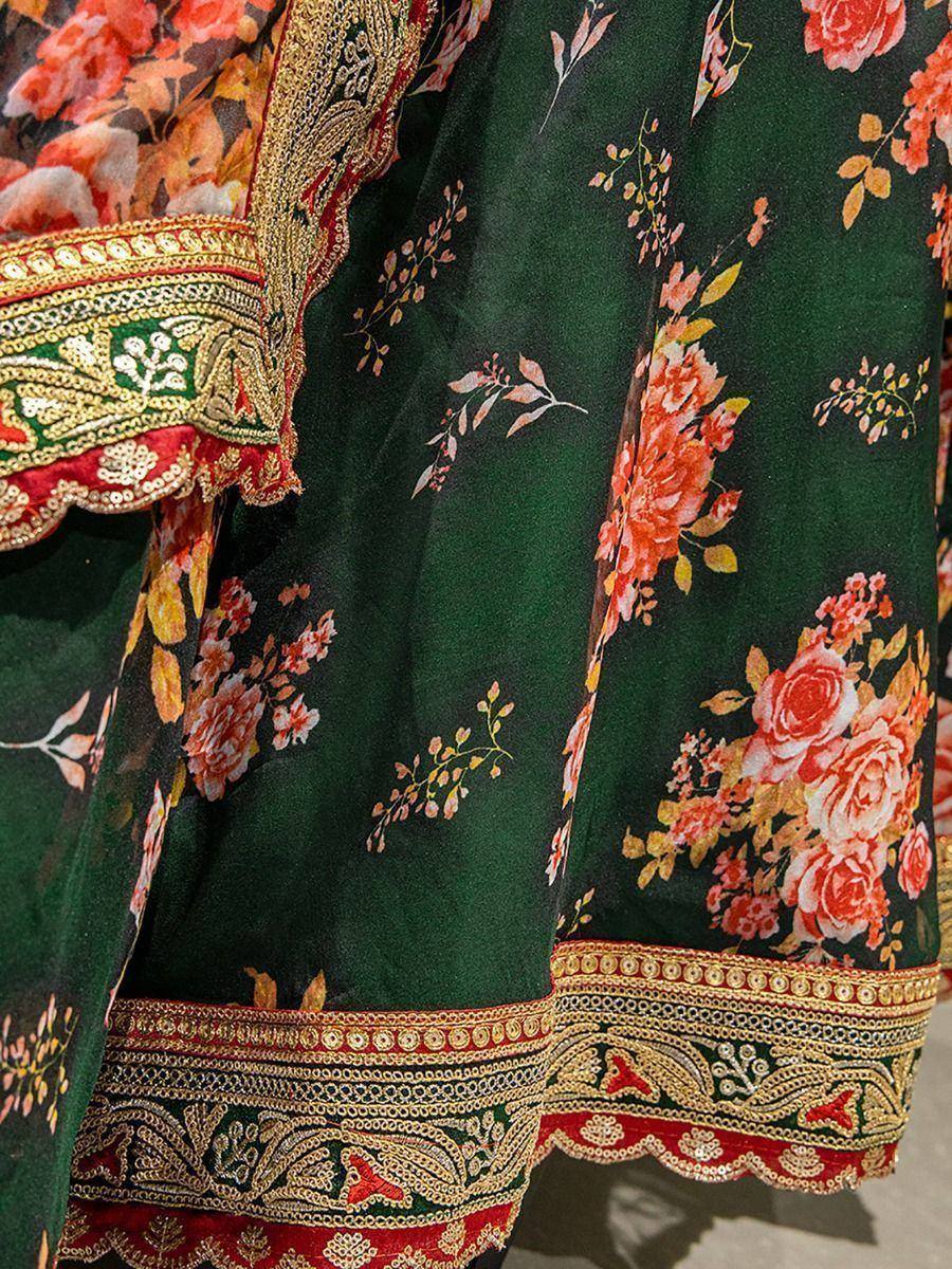 Green floral print lehenga with gold embroidery and red border, Indian ethnic wear