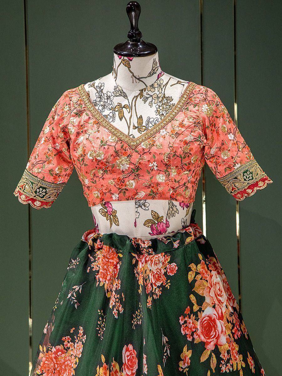 Floral print ethnic gown with peach top and green skirt, perfect for Indian occasions