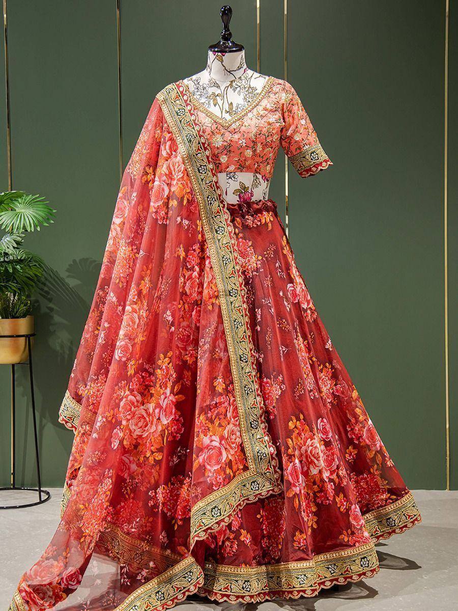 Red floral lehenga choli with gold border, Indian ethnic wear for weddings and festivals