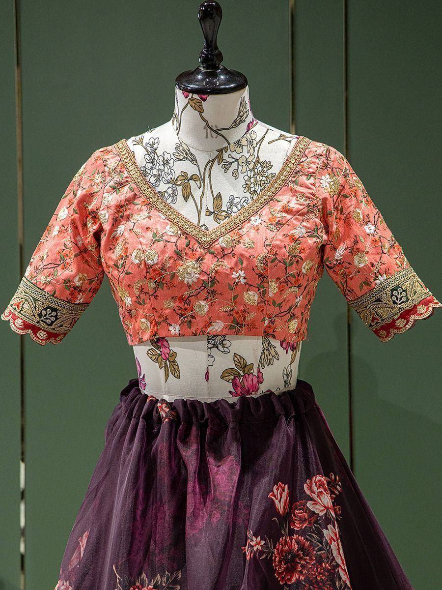 Floral printed ethnic lehenga choli with V-neck blouse and purple skirt, perfect for Indian occasions
