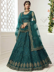 Teal Green Zari Embroidered Coding Net Bridal Wear Lehenga Choli