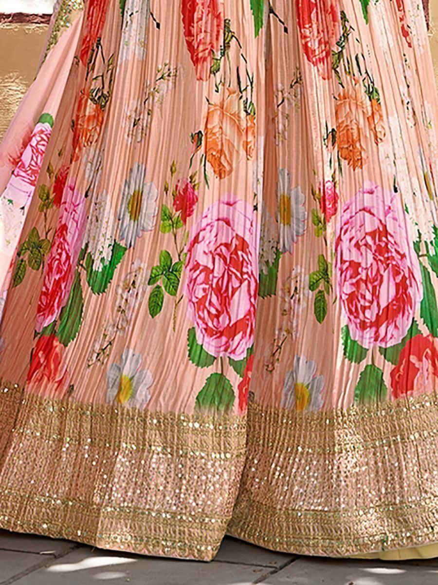 Pink floral lehenga with gold sequin border, ethnic Indian wear