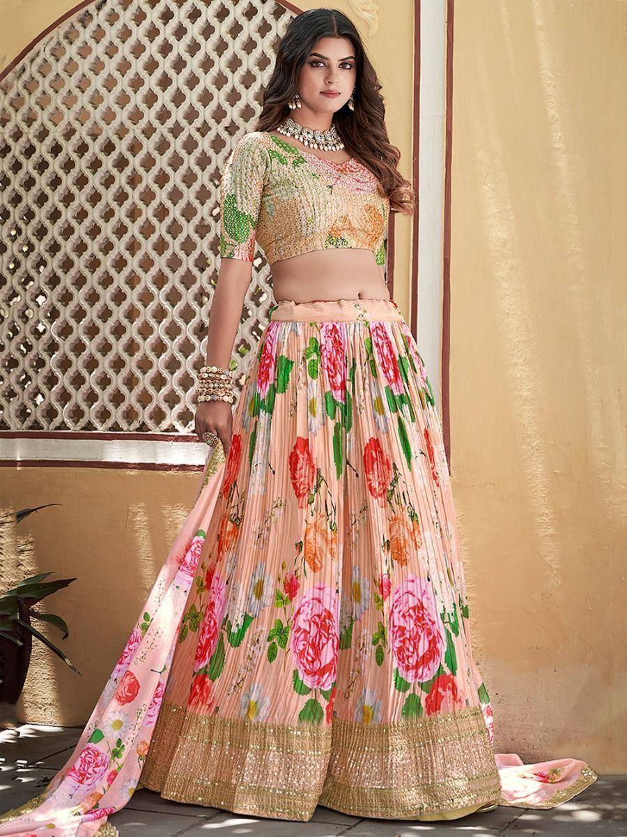 Floral print lehenga choli with gold embroidery, perfect for Indian ethnic occasions