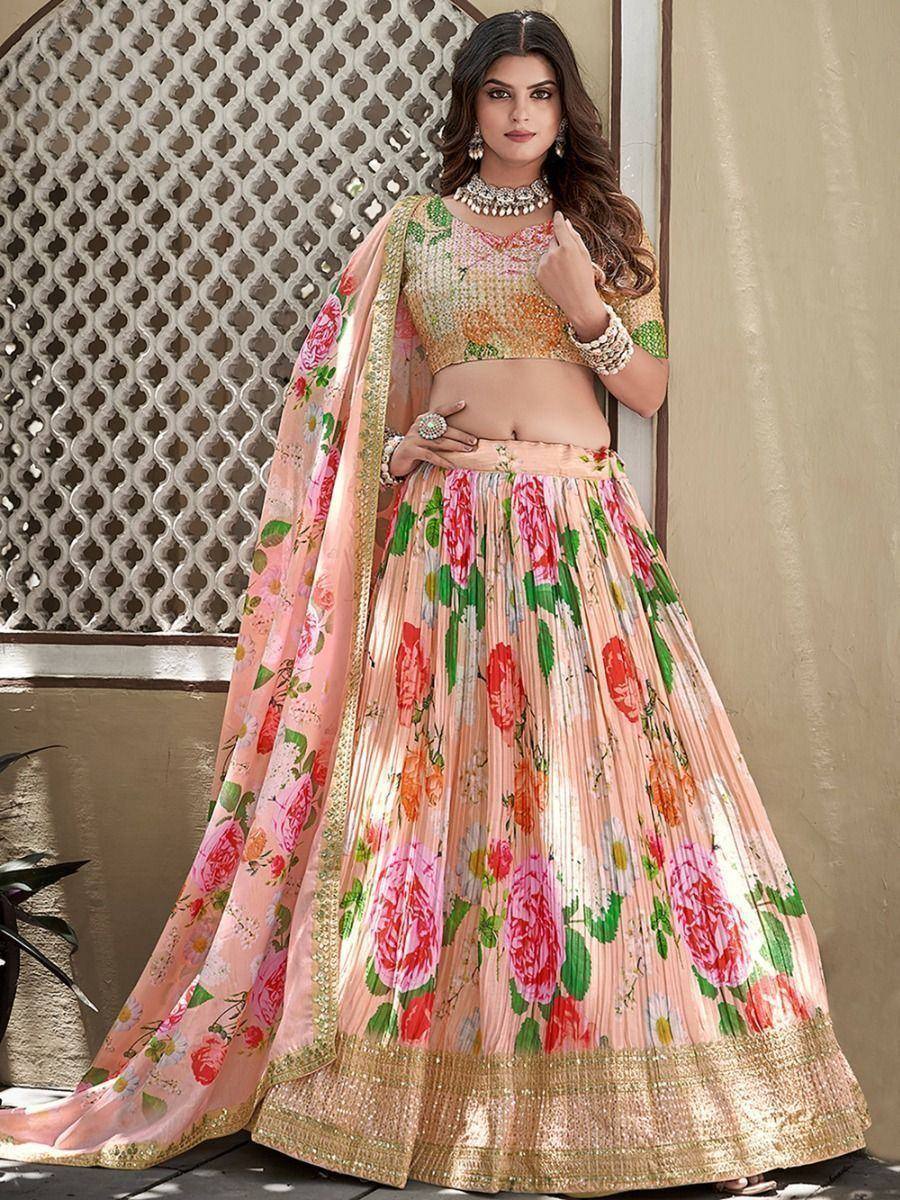 Floral print lehenga choli with gold border, perfect for Indian ethnic wear occasions