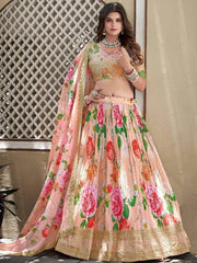 Remarkable Peach Floral Printed Crushed Chinon Lehenga Choli