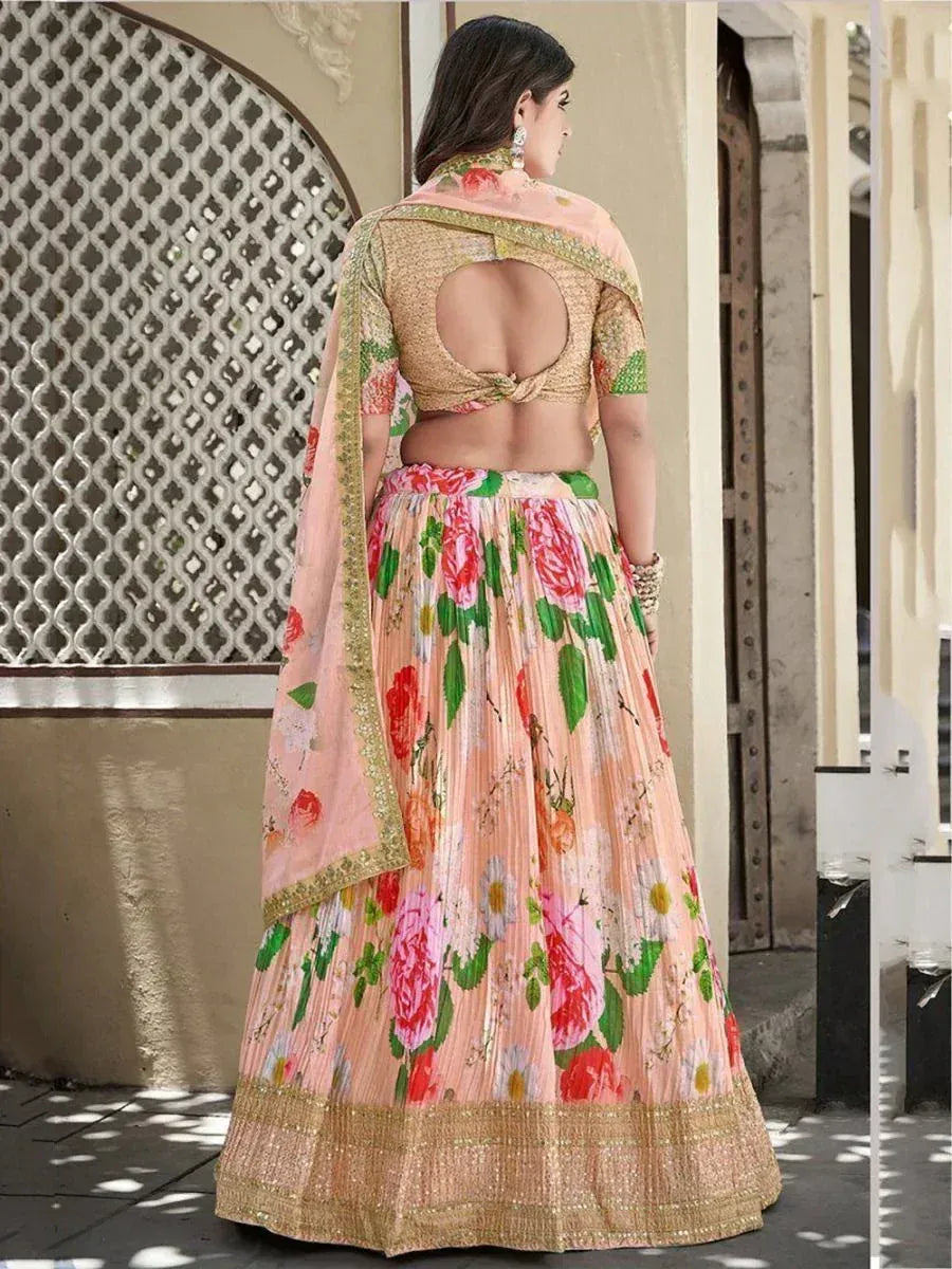 Floral print lehenga choli with back cutout and gold embroidery, Indian ethnic wear