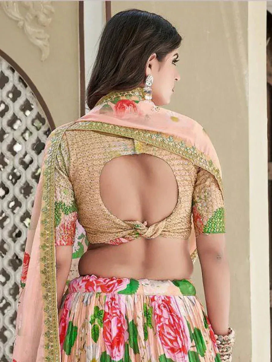 Floral print lehenga choli with backless blouse and embroidered dupatta, perfect for Indian ethnic occasions