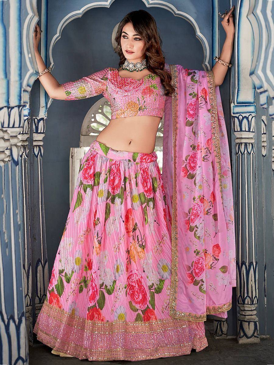 Pink floral lehenga choli with embroidered dupatta, Indian ethnic wear for women