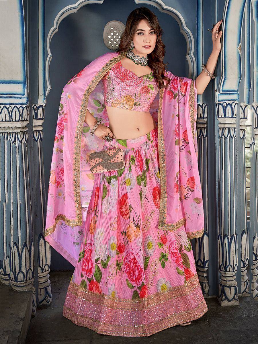 Pink floral lehenga choli with sequin blouse and dupatta, Indian ethnic wear for women