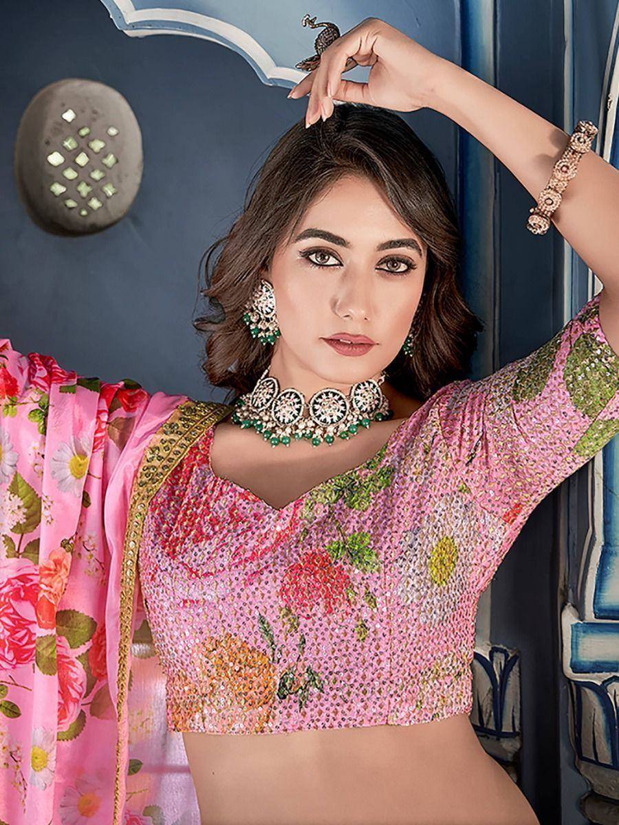 Pink floral embroidered lehenga choli with matching dupatta, traditional Indian ethnic wear