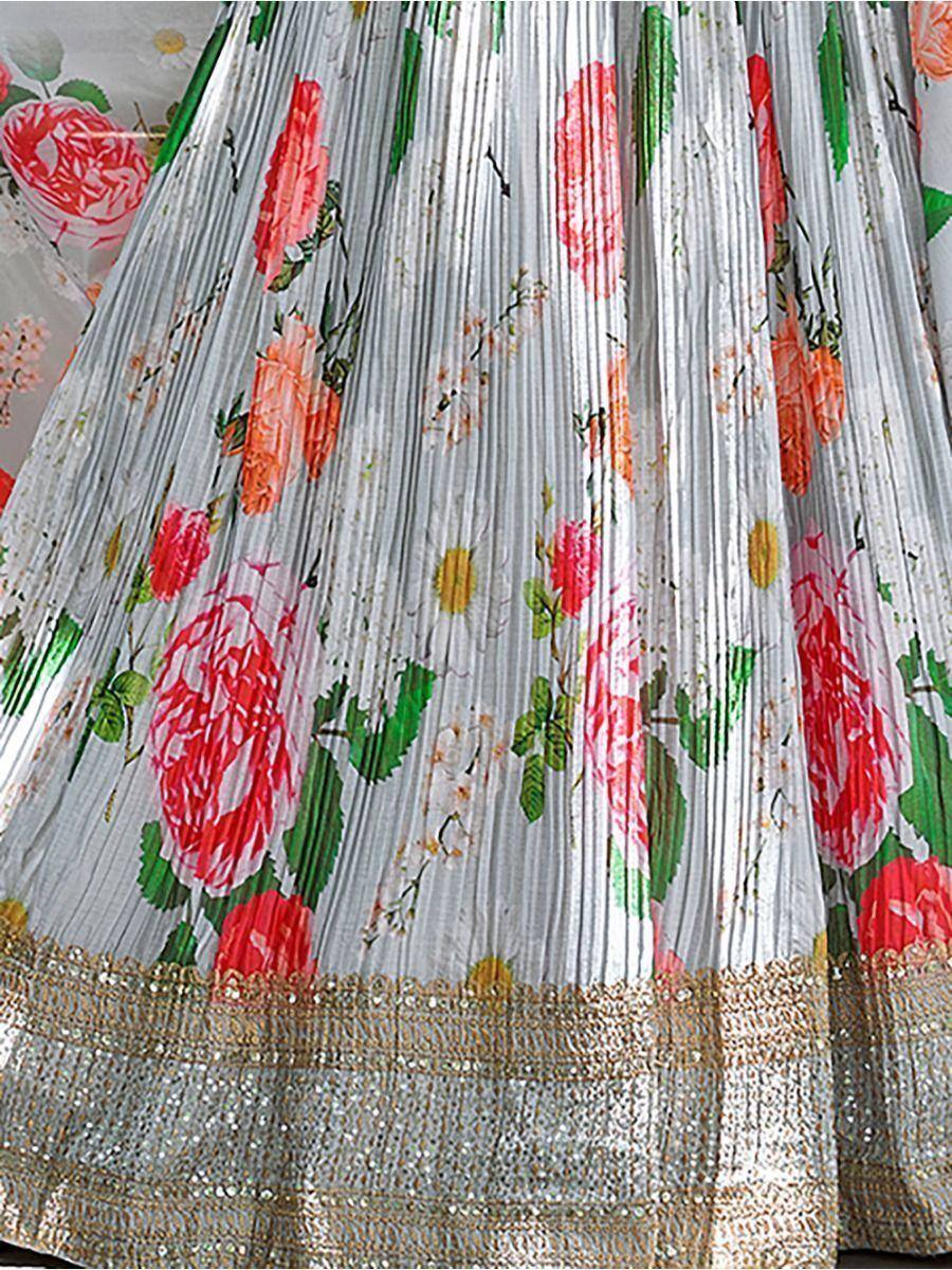 Floral printed pleated lehenga skirt with gold sequin border, Indian ethnic wear