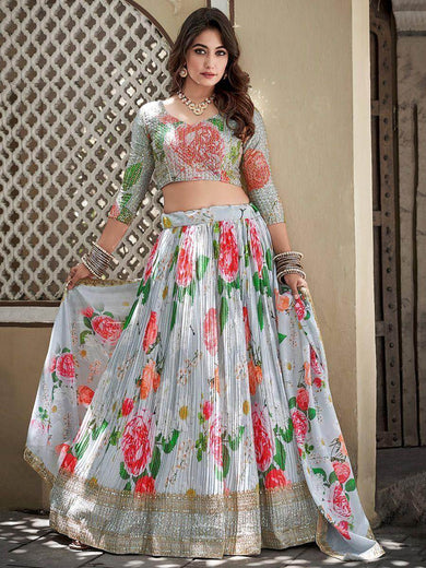 Fascinating Sky Blue Floral Printed Crushed Chinon Lehenga Choli
