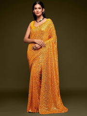 Yellow Fully Sequined Georgette Party Wear Saree