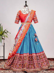 Striking Blue Leheriya-Patola Chinon Festive Wear Lehenga Choli
