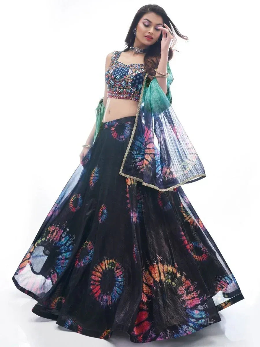 Black tie-dye lehenga choli with embellished crop top and sheer dupatta, Indian ethnic wear
