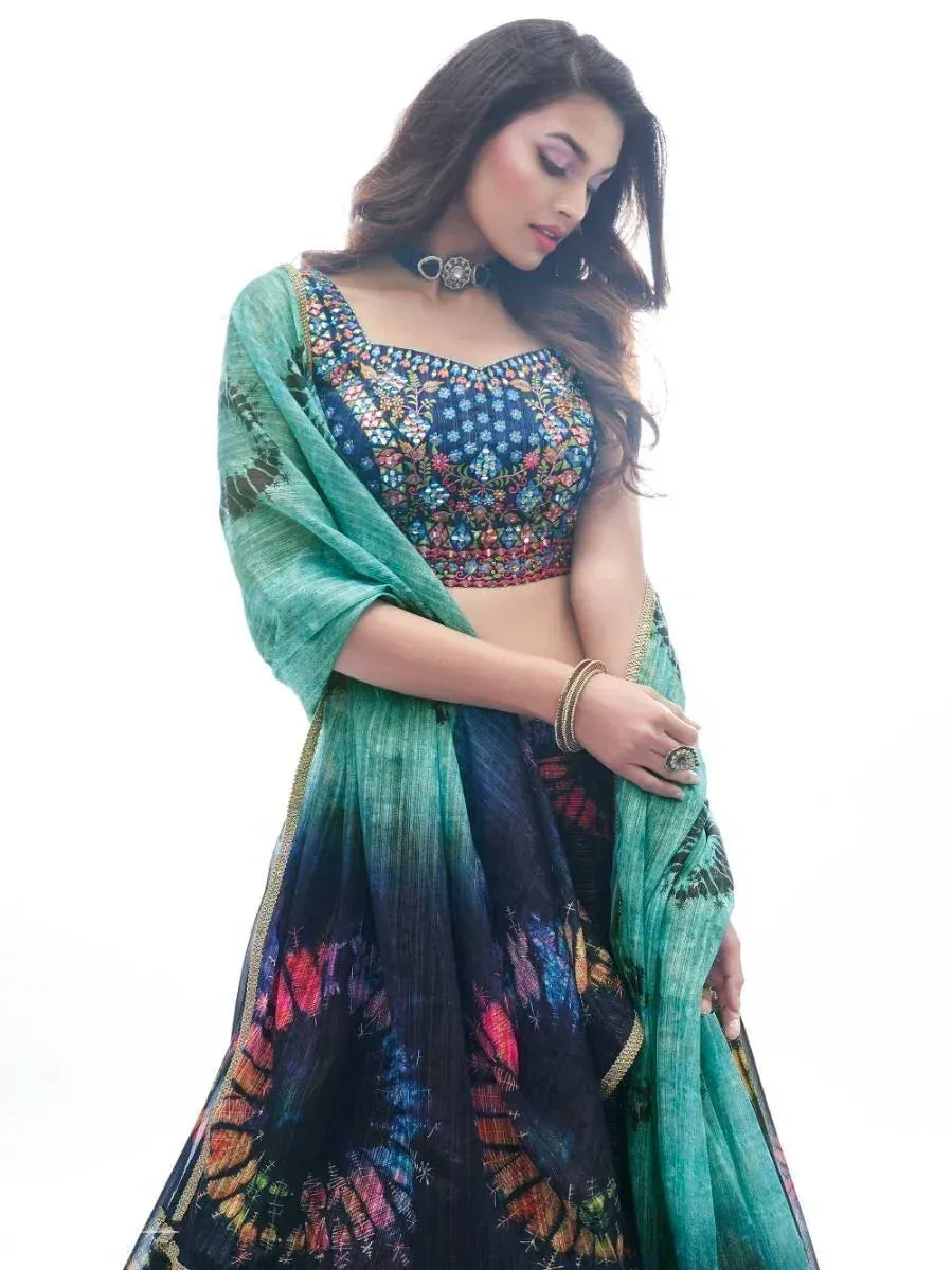 Floral embroidered lehenga choli with tie-dye skirt and green dupatta, Indian ethnic wear