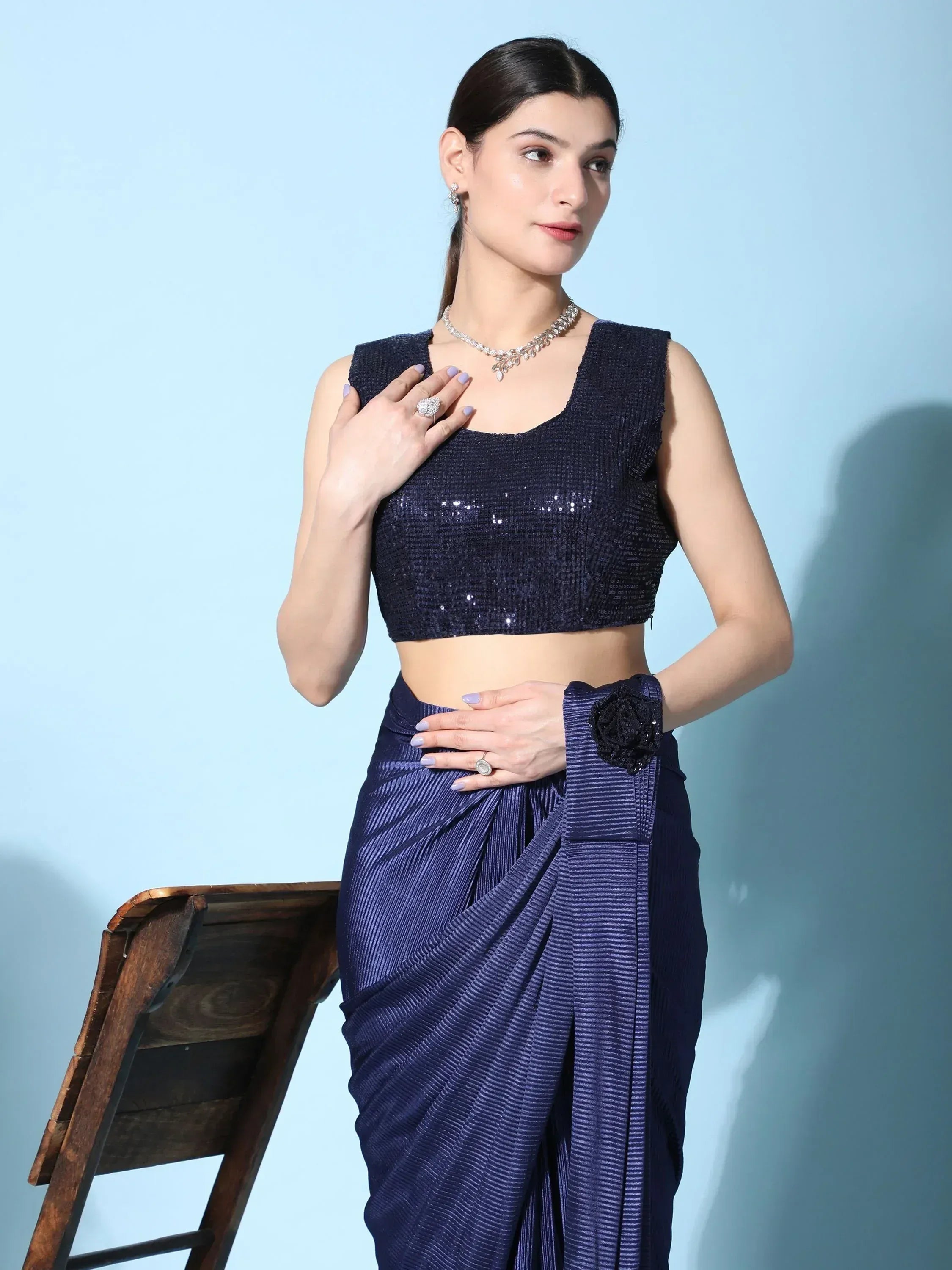 Navy blue sequin crop top with pleated drape pants, ethnic Indian wear for women