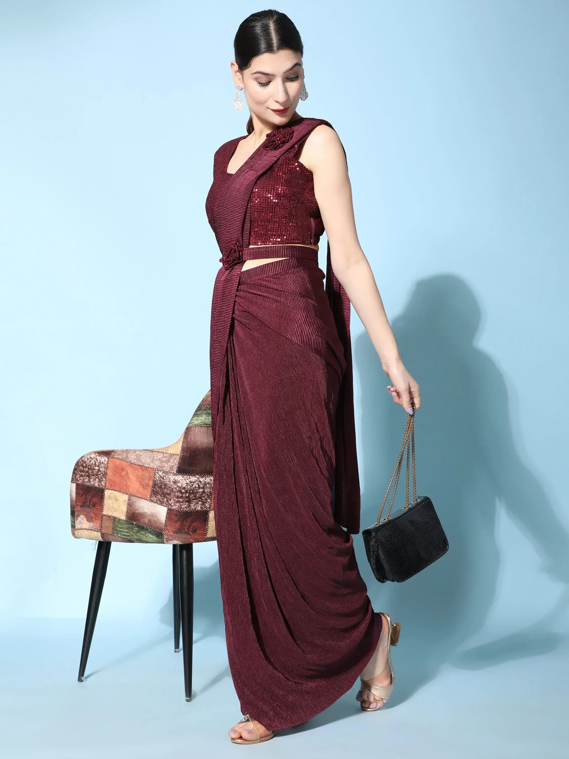 Burgundy sequin crop top with matching drape saree, ethnic wear for women