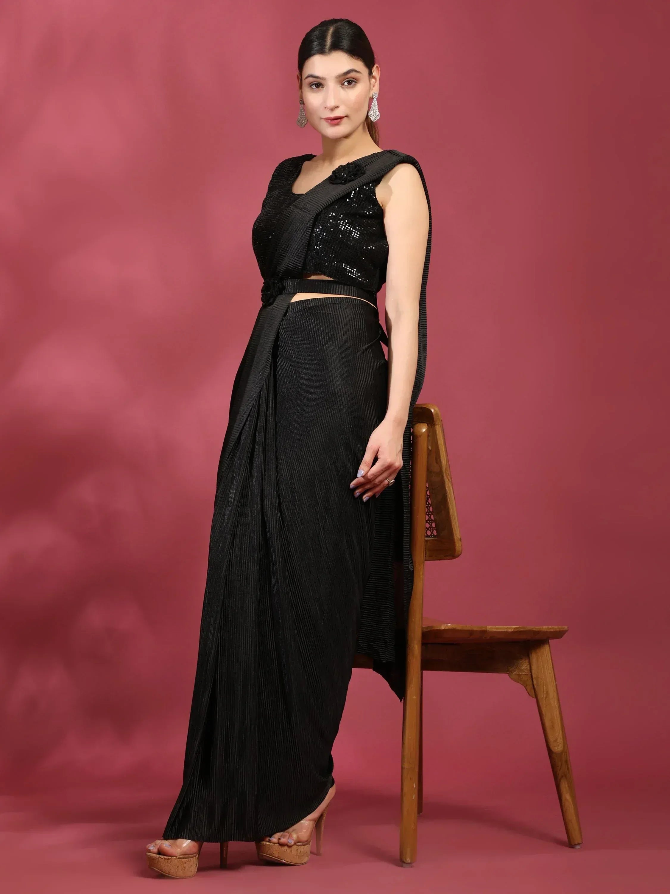Black sequin crop top with pleated dhoti pants, ethnic wear for women