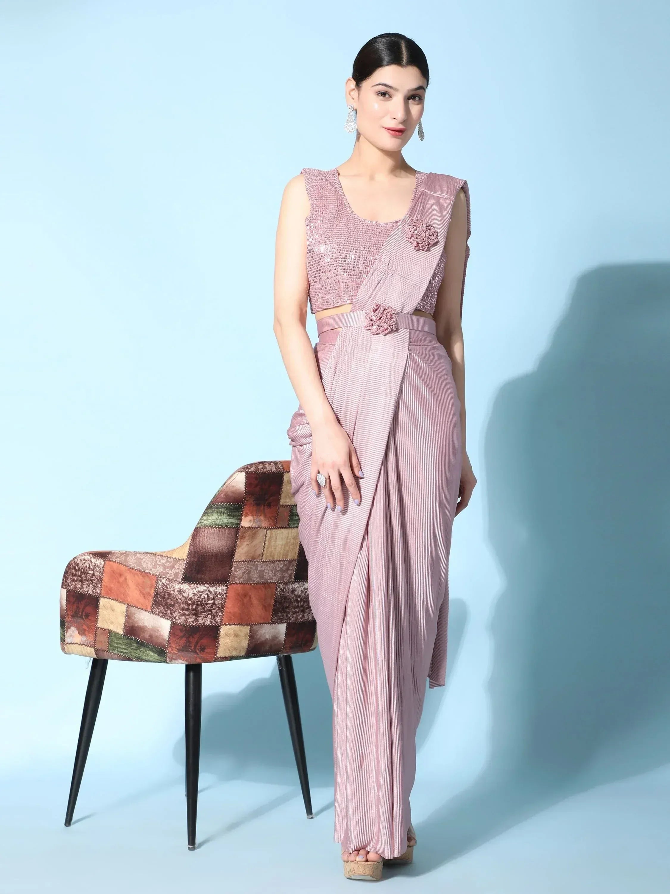 Pink pleated dhoti pants with sequin crop top, ethnic wear outfit for women