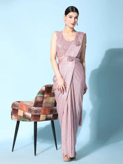 Pretty Baby Pink Sequins Work Crushed Ready To Wear Saree With Blouse