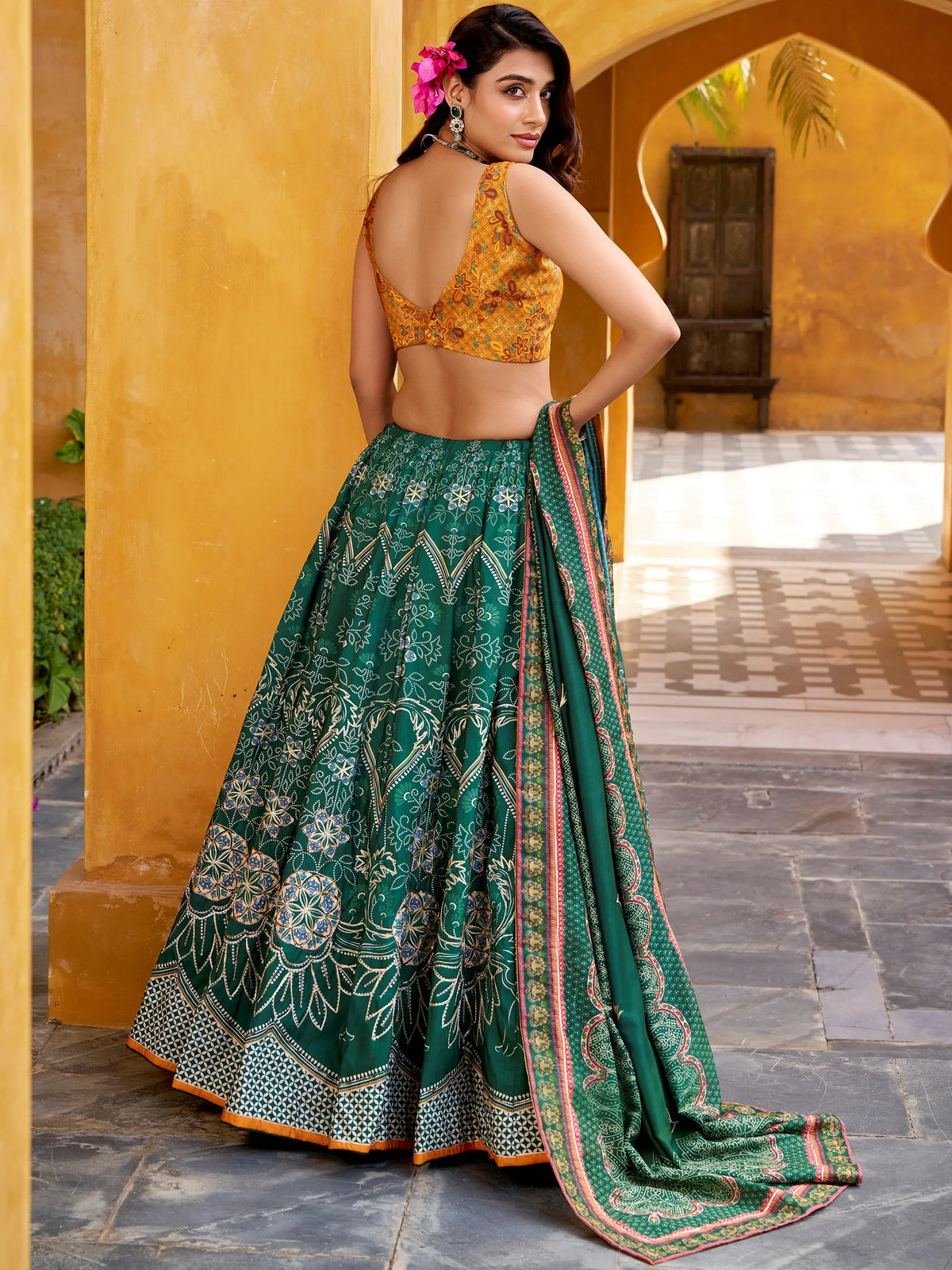 Wonderful Bottle Green Bead Work Silk Festival Wear Lehenga Choli