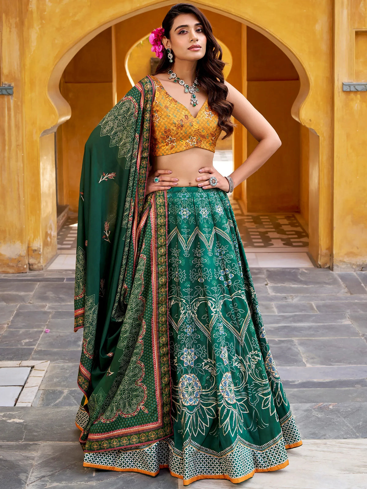 Wonderful Bottle Green Bead Work Silk Festival Wear Lehenga Choli