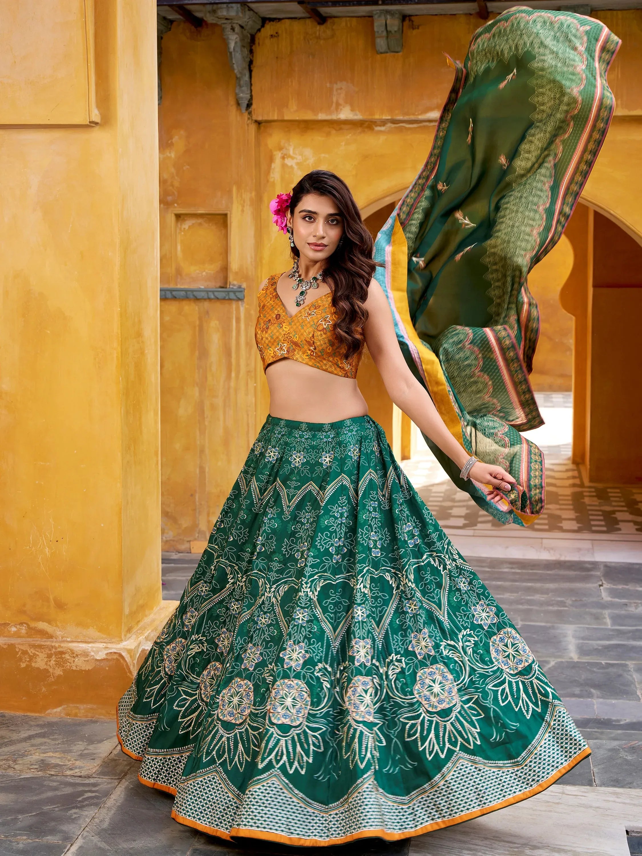 Wonderful Bottle Green Bead Work Silk Festival Wear Lehenga Choli