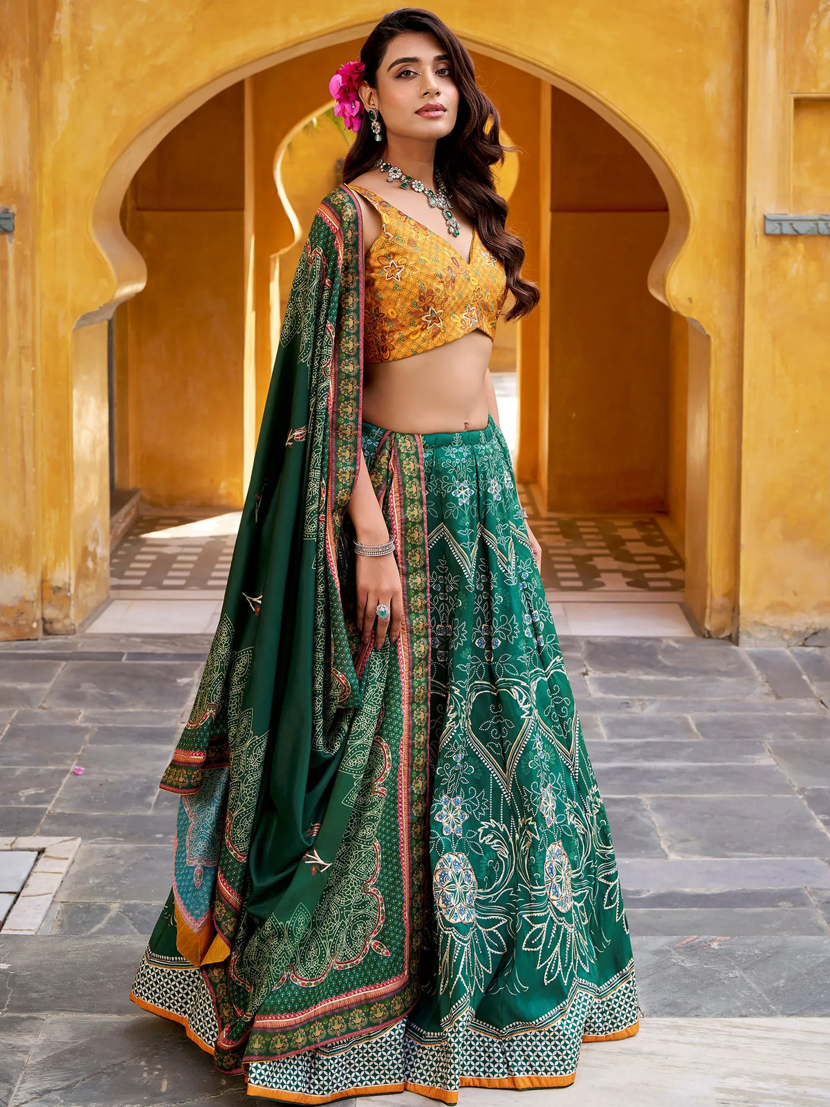 Wonderful Bottle Green Bead Work Silk Festival Wear Lehenga Choli