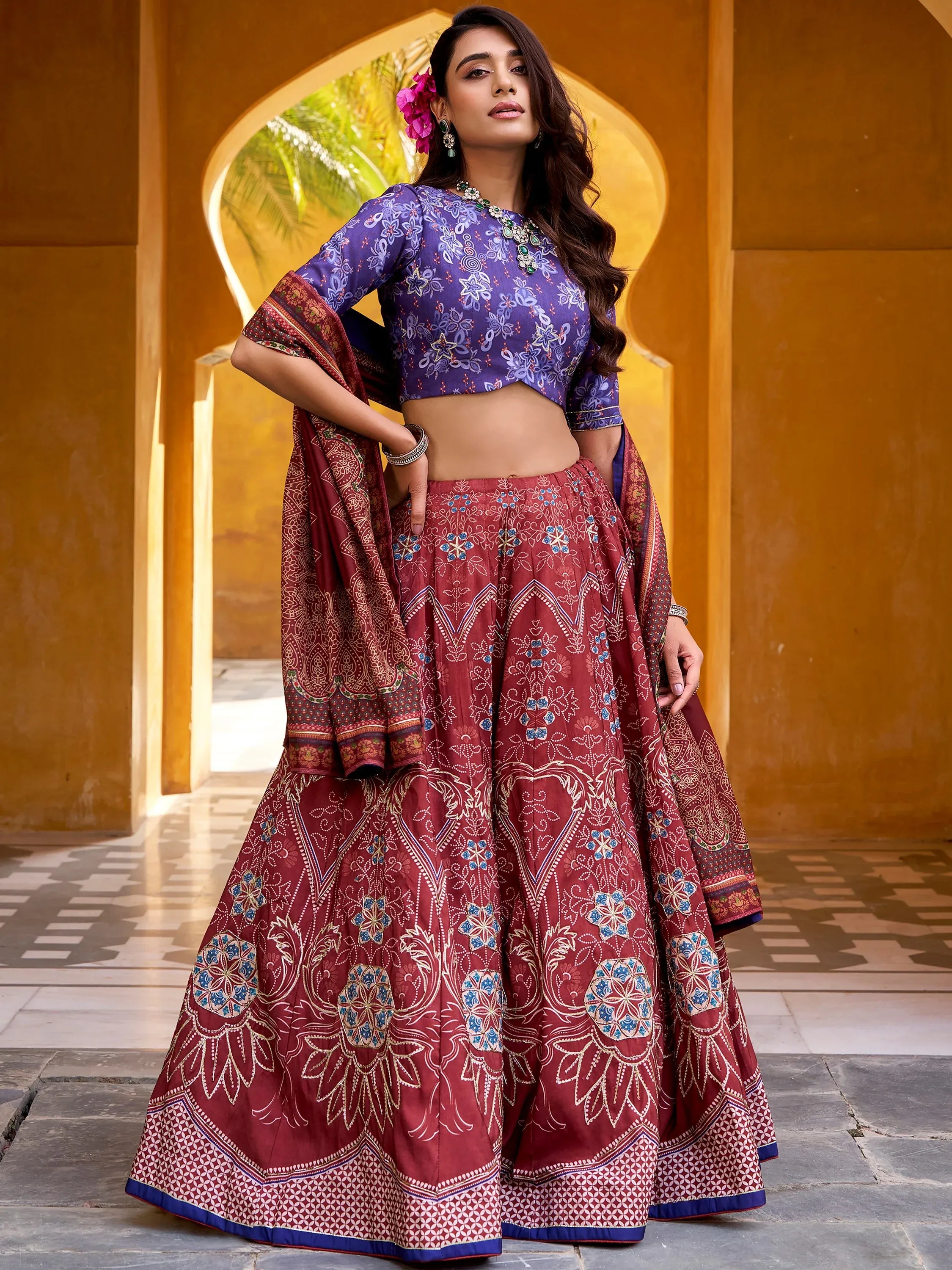 Stunning Maroon Digital Printed Silk Traditional Lehenga Choli