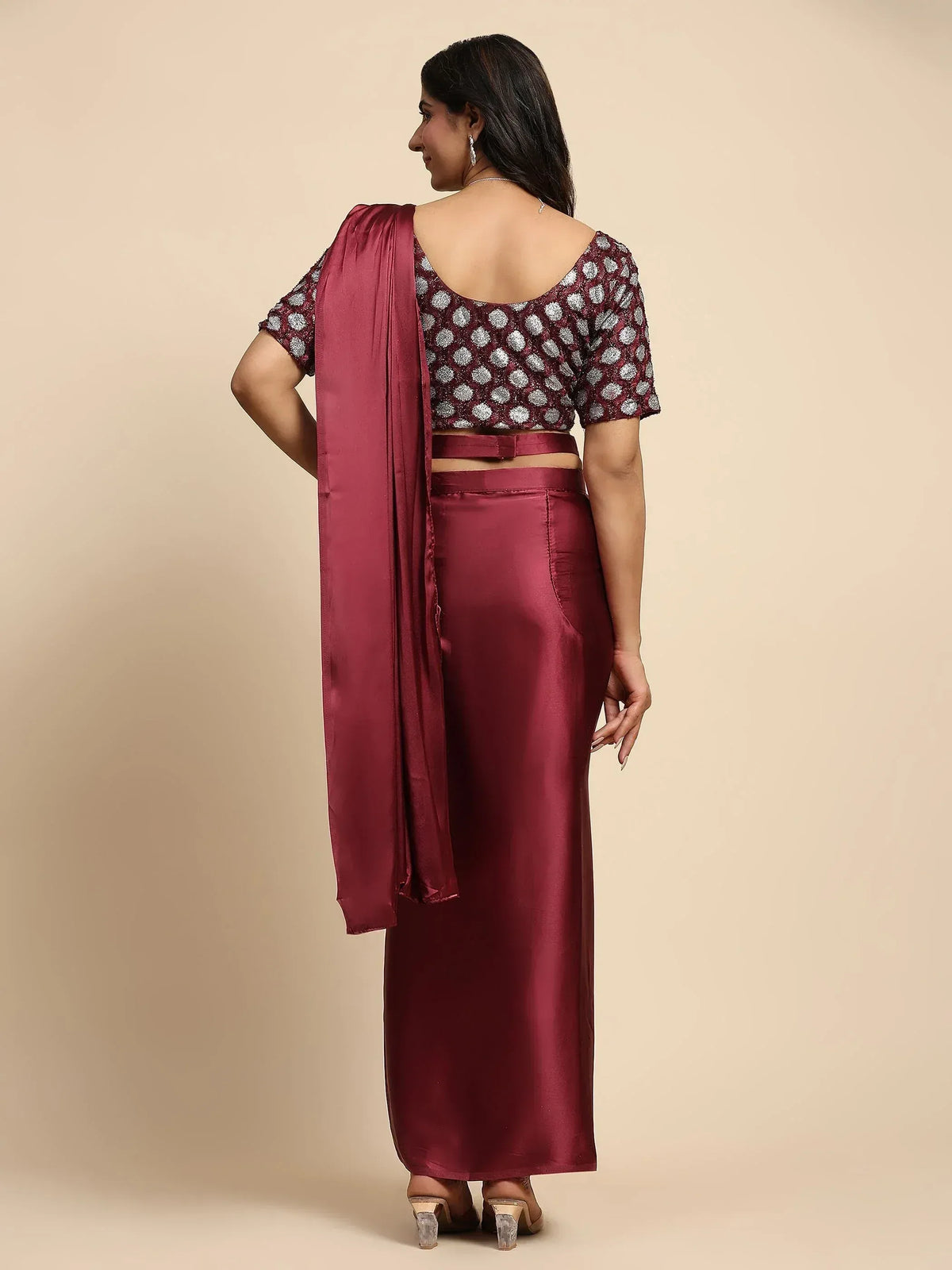 Maroon satin dhoti saree with polka dot blouse, ethnic wear for women
