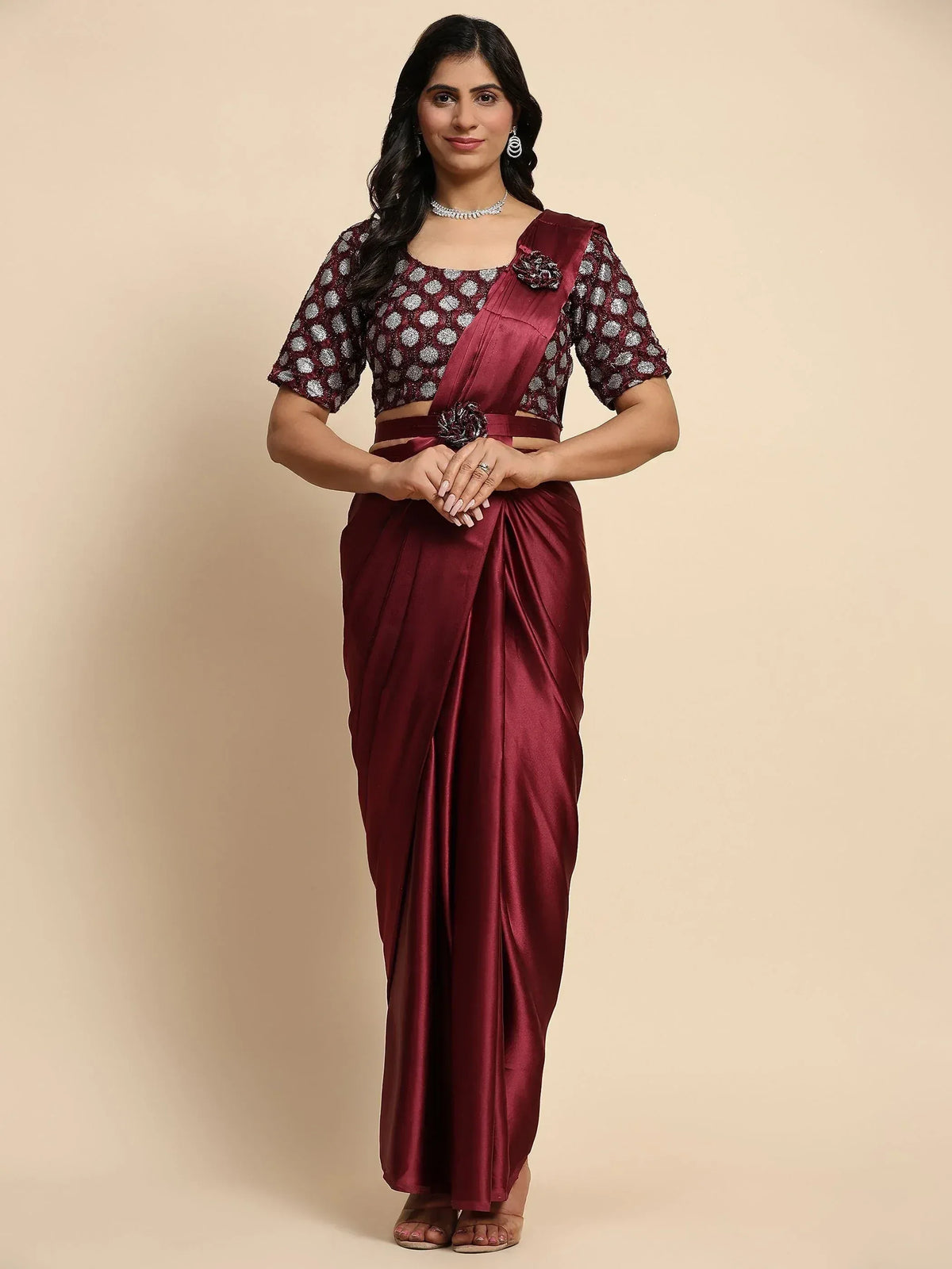Maroon satin saree with polka dot blouse, perfect for Indian ethnic wear occasions