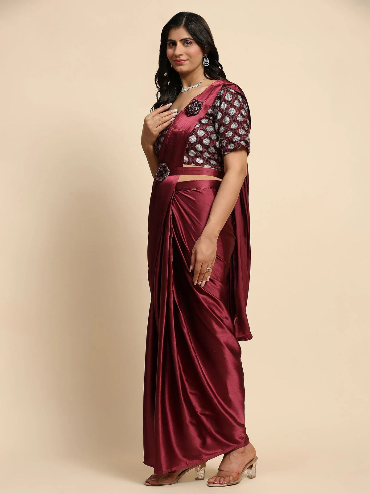 Maroon satin saree with sequin blouse, perfect for Indian ethnic wear occasions