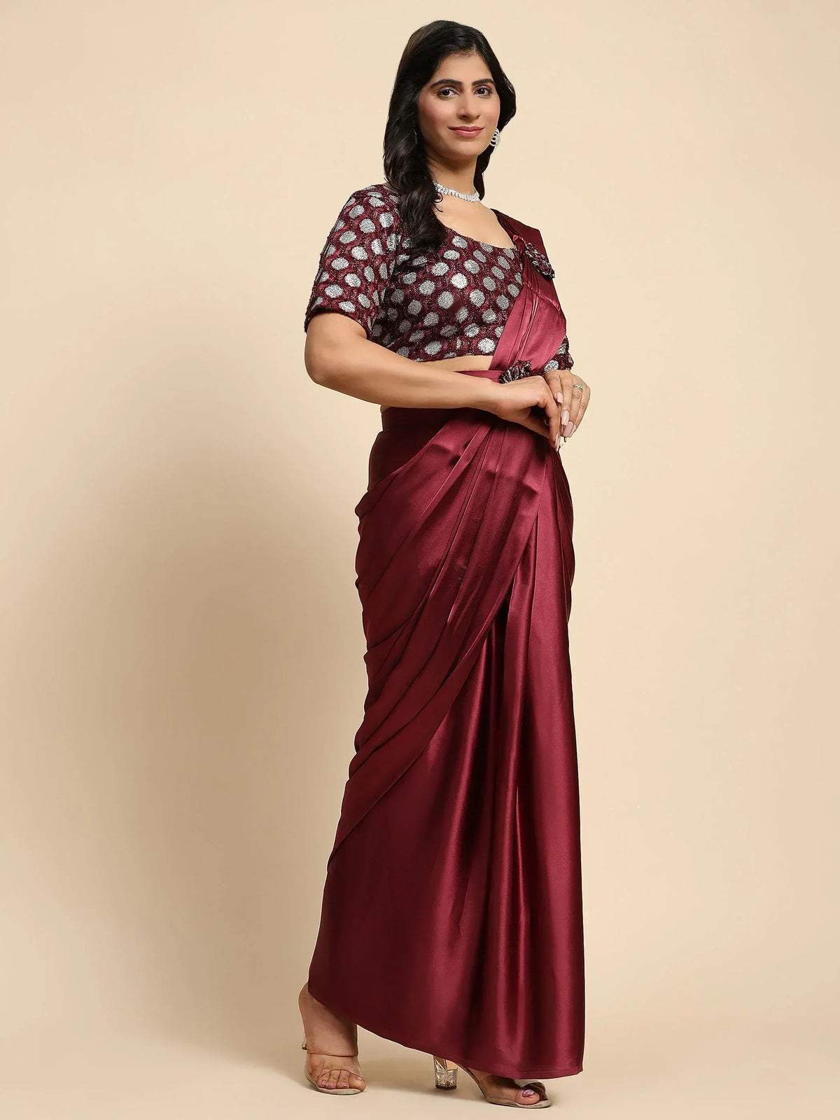 Maroon satin saree with sequin polka dot blouse, elegant Indian ethnic wear for women